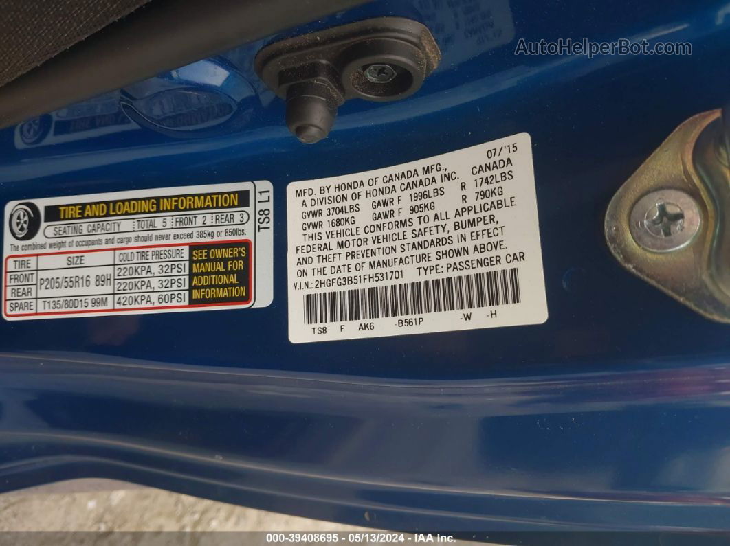 2015 Honda Civic Lx Blue vin: 2HGFG3B51FH531701