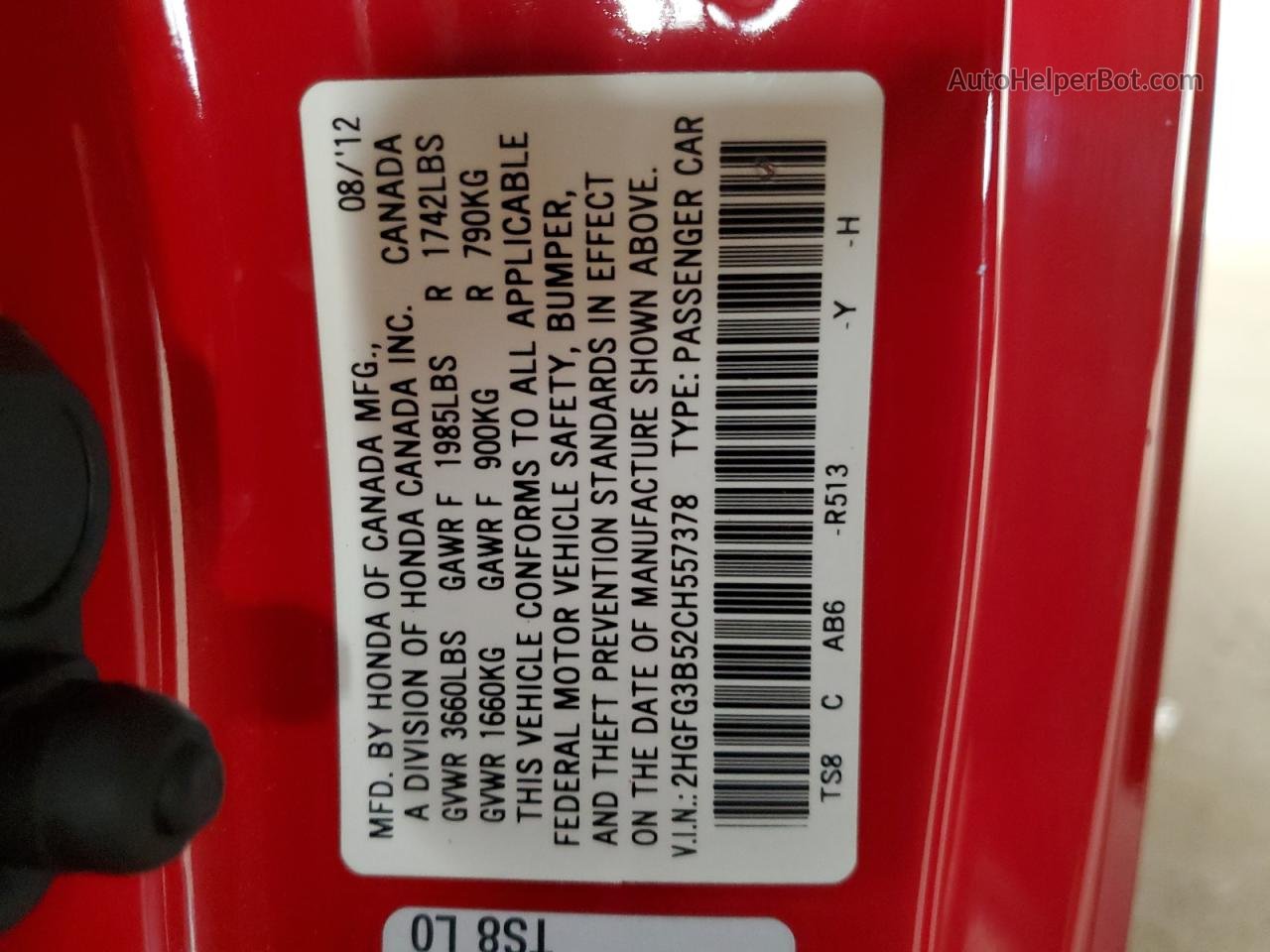 2012 Honda Civic Lx Red vin: 2HGFG3B52CH557378