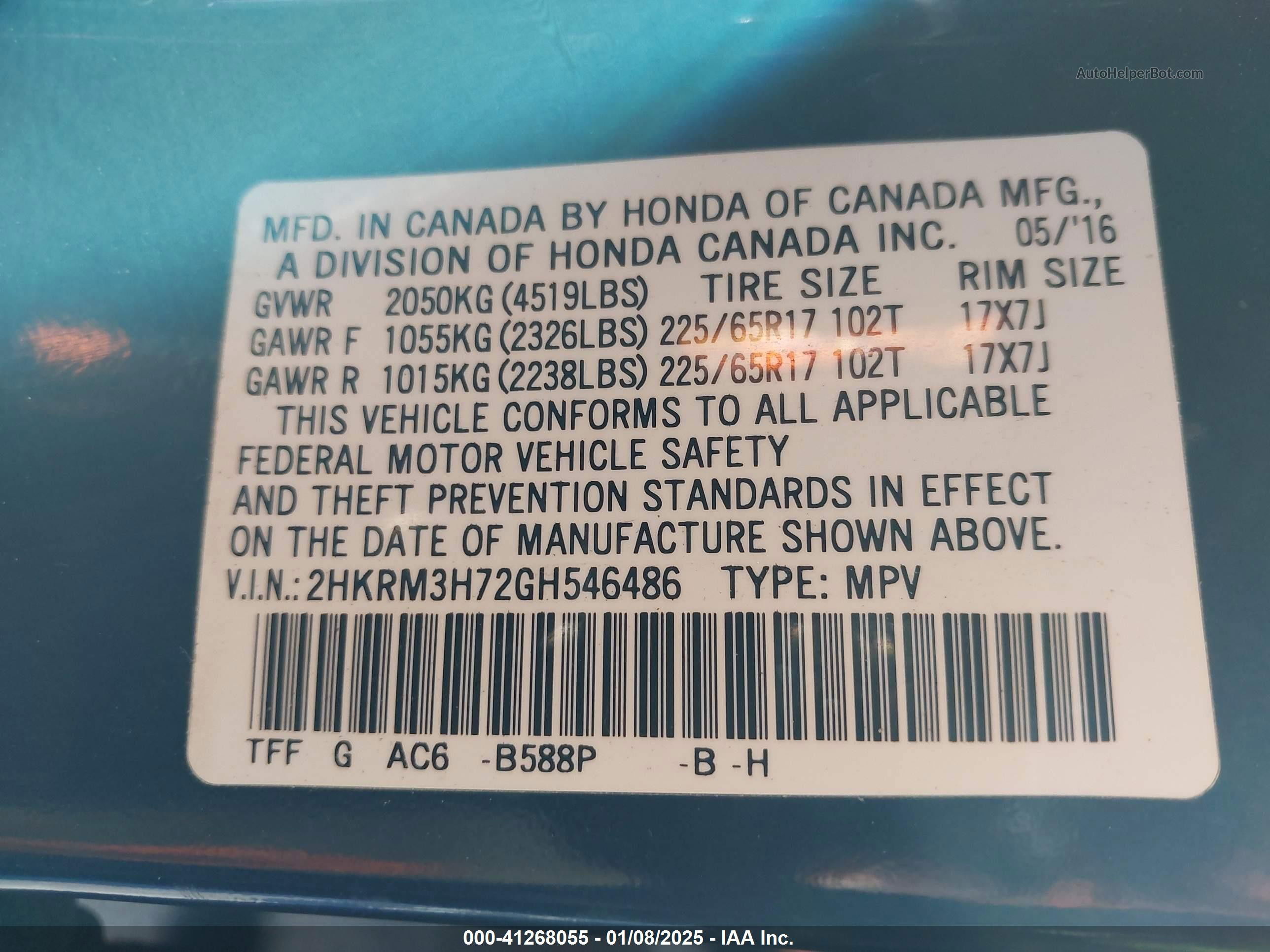 2016 Honda Cr-v Ex-l Blue vin: 2HKRM3H72GH546486