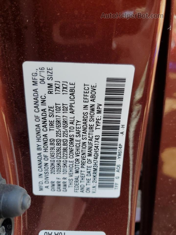 2016 Honda Cr-v Exl Бордовый vin: 2HKRM3H74GH541743