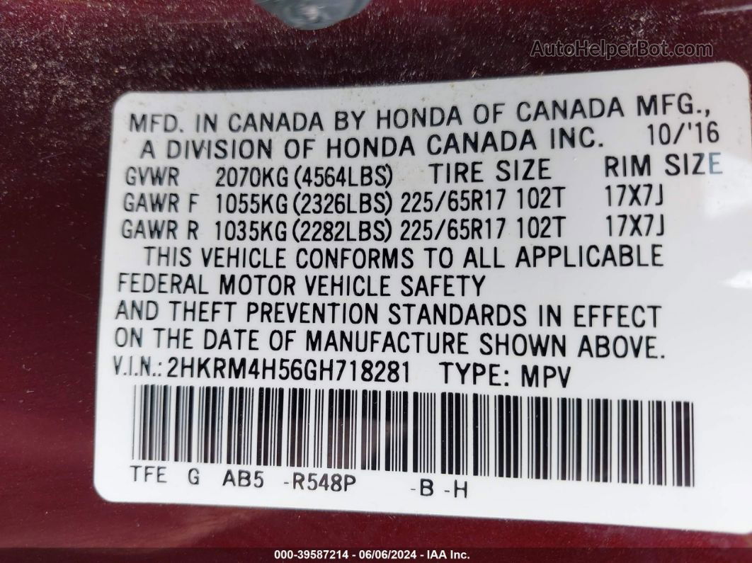 2016 Honda Cr-v Ex Red vin: 2HKRM4H56GH718281