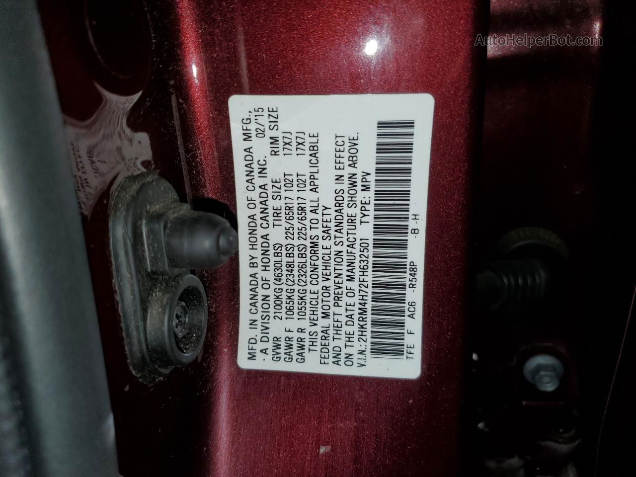 2015 Honda Cr-v Exl Бордовый vin: 2HKRM4H72FH632501