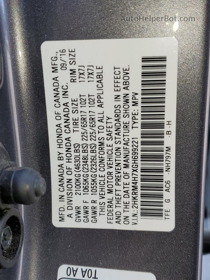 2016 Honda Cr-v Exl Серый vin: 2HKRM4H7XGH699221