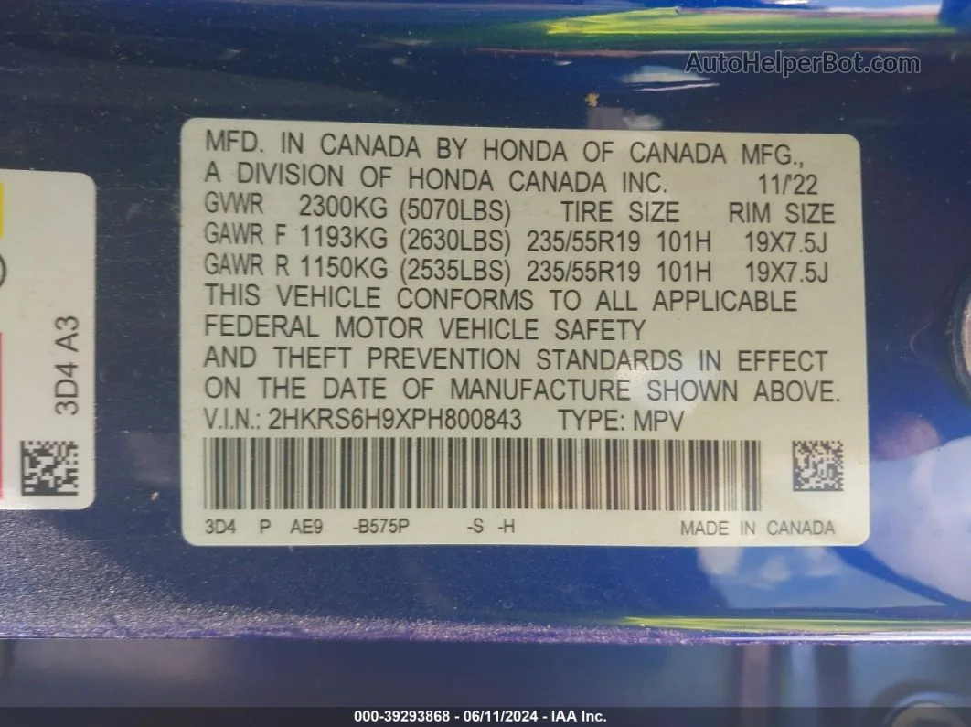 2023 Honda Cr-v Hybrid Sport Touring Blue vin: 2HKRS6H9XPH800843