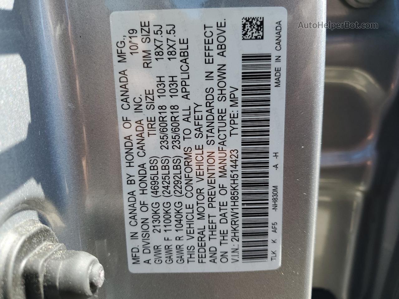 2019 Honda Cr-v Exl Silver vin: 2HKRW1H85KH514423