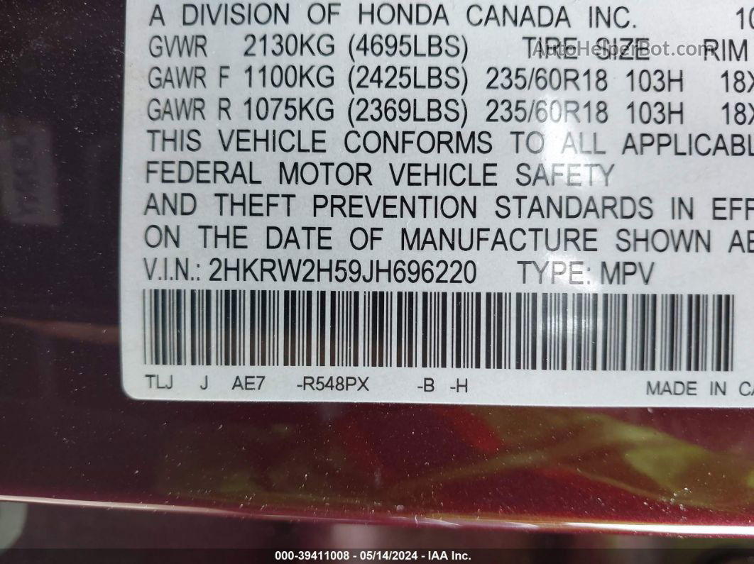 2018 Honda Cr-v Ex Burgundy vin: 2HKRW2H59JH696220