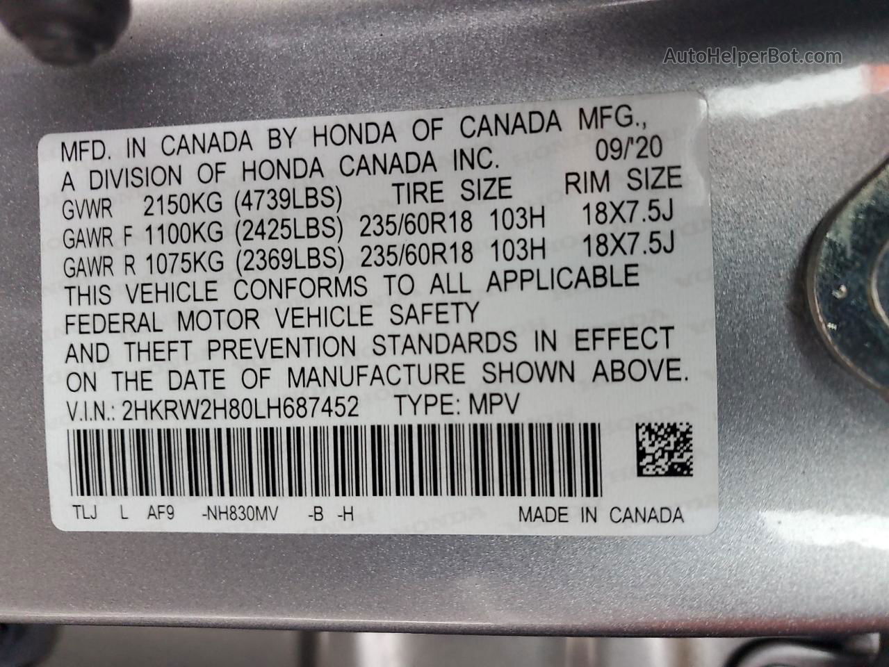 2020 Honda Cr-v Exl Silver vin: 2HKRW2H80LH687452