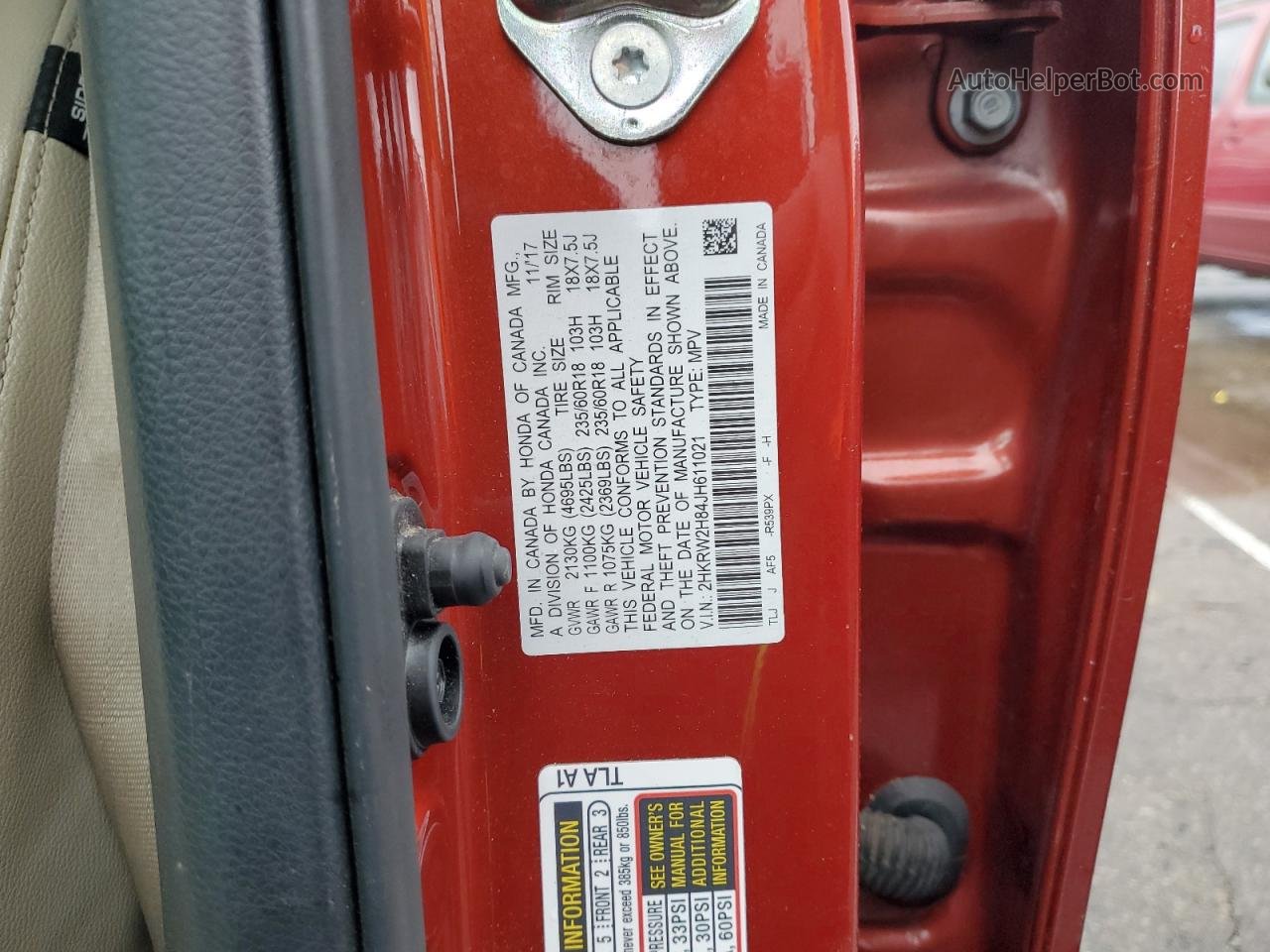 2018 Honda Cr-v Exl Red vin: 2HKRW2H84JH611021