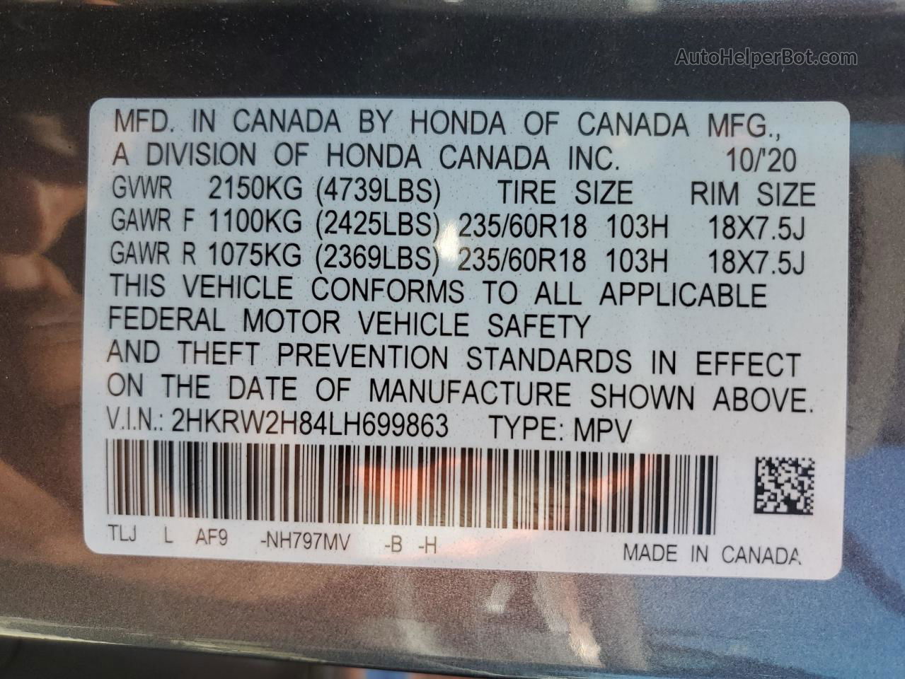 2020 Honda Cr-v Exl Charcoal vin: 2HKRW2H84LH699863