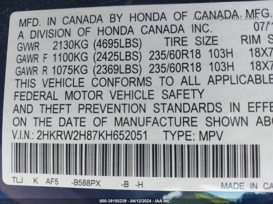 2019 Honda Cr-v Ex-l Dark Blue vin: 2HKRW2H87KH652051