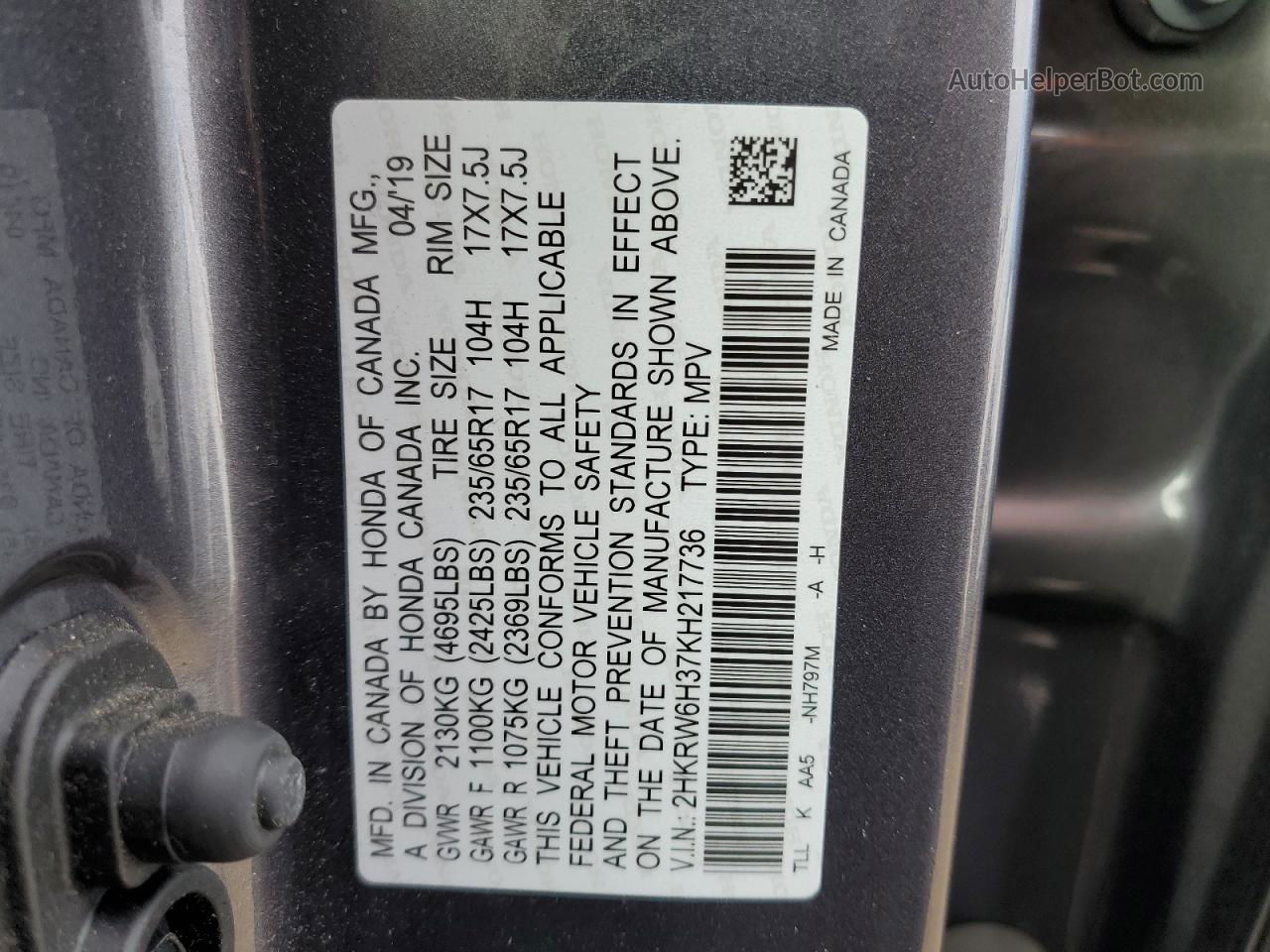 2019 Honda Cr-v Lx Gray vin: 2HKRW6H37KH217736