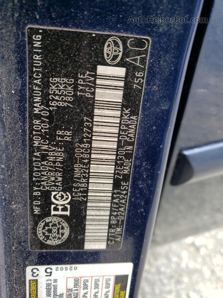 2008 Toyota Corolla Ce Blue vin: 2T1BR32E48C912737
