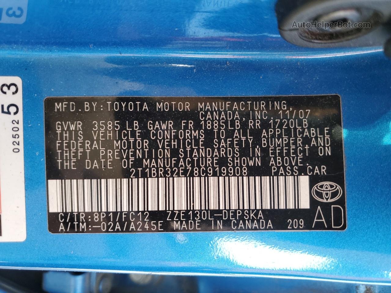 2008 Toyota Corolla Ce Синий vin: 2T1BR32E78C919908