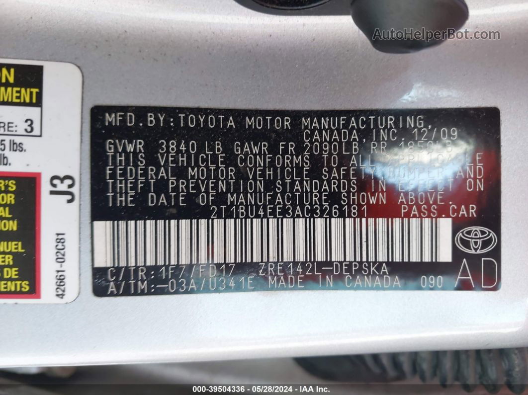 2010 Toyota Corolla S Silver vin: 2T1BU4EE3AC326181