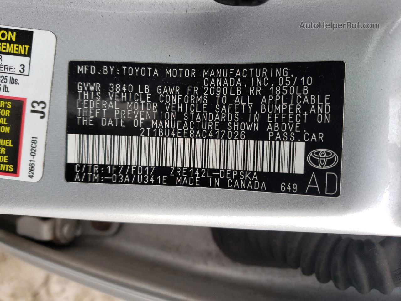 2010 Toyota Corolla Base Silver vin: 2T1BU4EE8AC417026