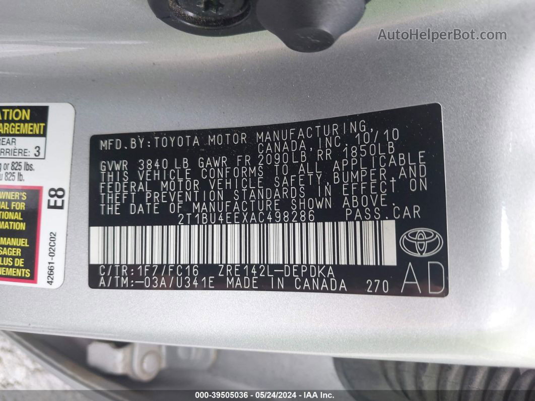 2010 Toyota Corolla Le Silver vin: 2T1BU4EEXAC498286