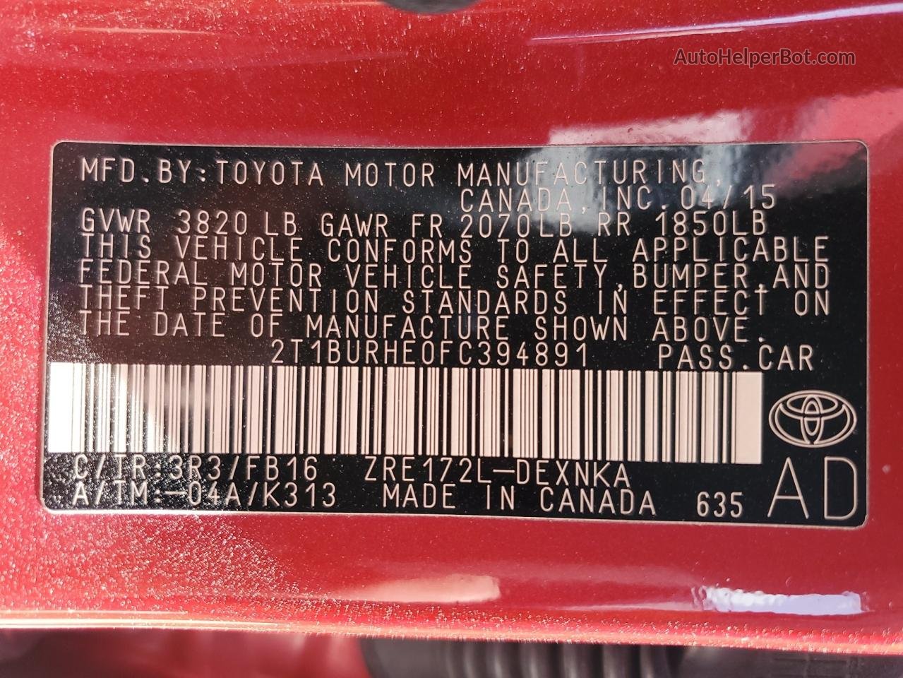 2015 Toyota Corolla L Red vin: 2T1BURHE0FC394891