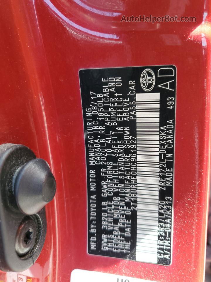 2017 Toyota Corolla L Red vin: 2T1BURHE0HC961927