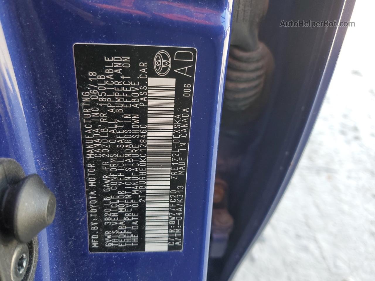 2019 Toyota Corolla L Blue vin: 2T1BURHE0KC128460