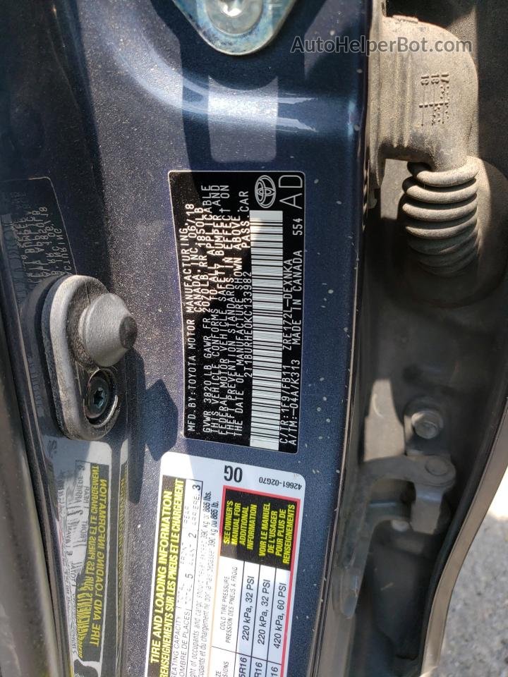 2019 Toyota Corolla L Gray vin: 2T1BURHE0KC133982