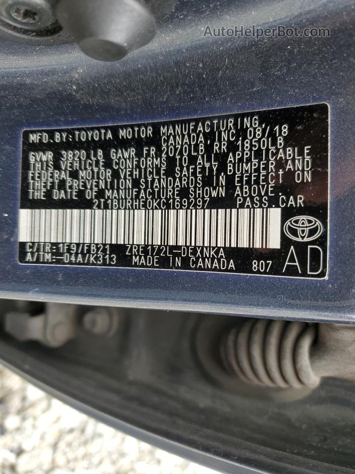 2019 Toyota Corolla L Gray vin: 2T1BURHE0KC169297