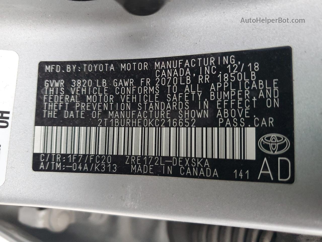 2019 Toyota Corolla L Silver vin: 2T1BURHE0KC216652