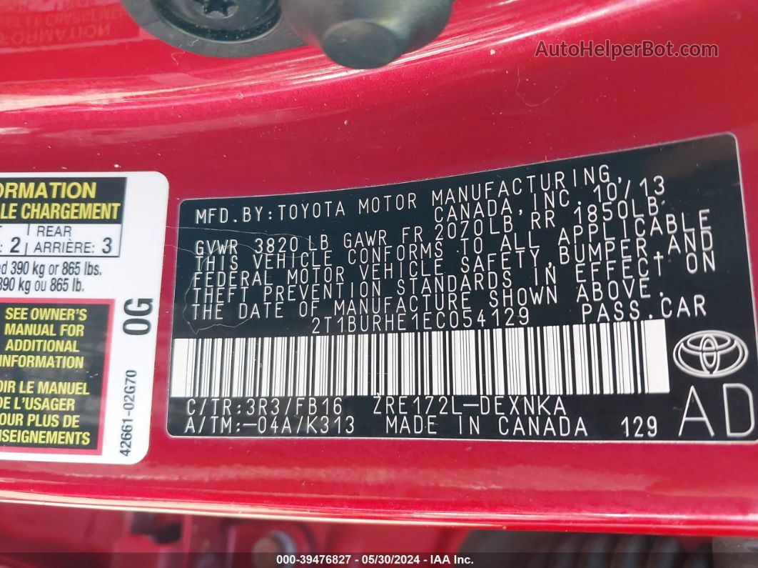 2014 Toyota Corolla Le Red vin: 2T1BURHE1EC054129