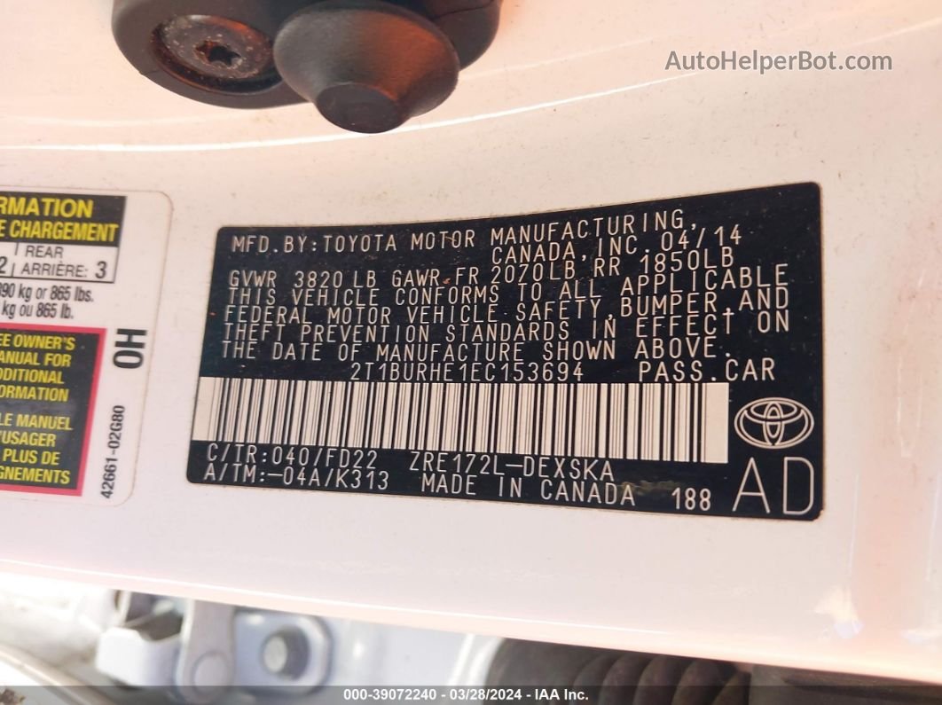 2014 Toyota Corolla S Plus Белый vin: 2T1BURHE1EC153694
