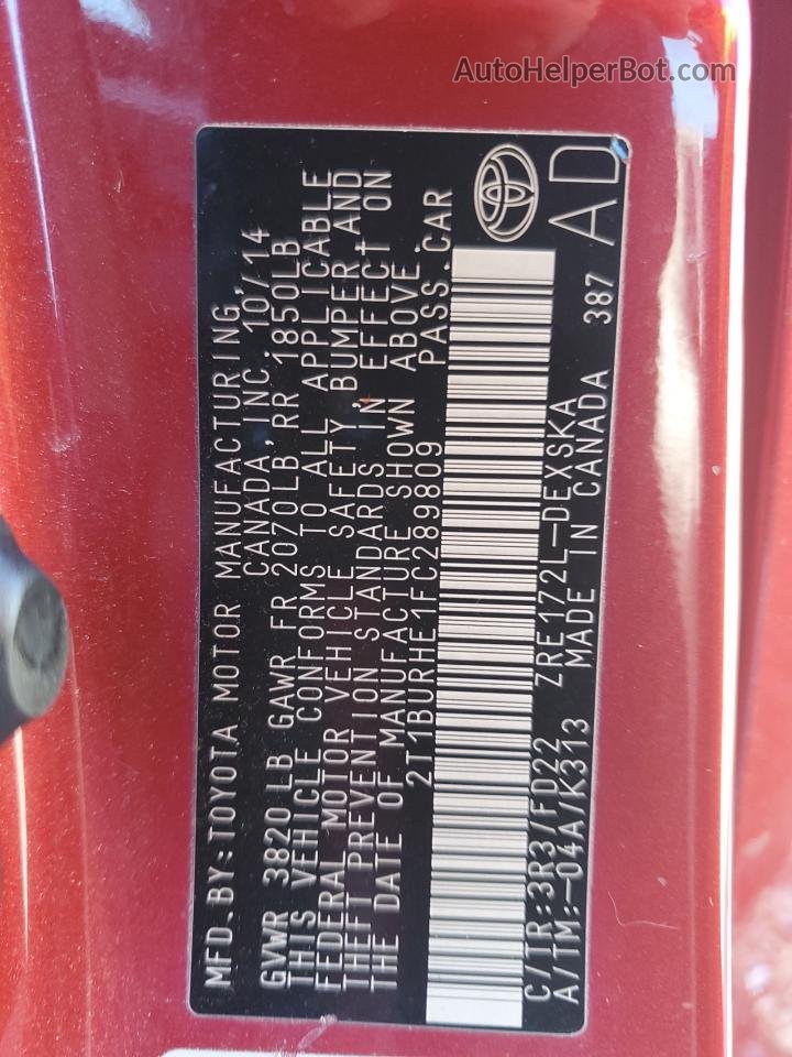2015 Toyota Corolla L Red vin: 2T1BURHE1FC289809