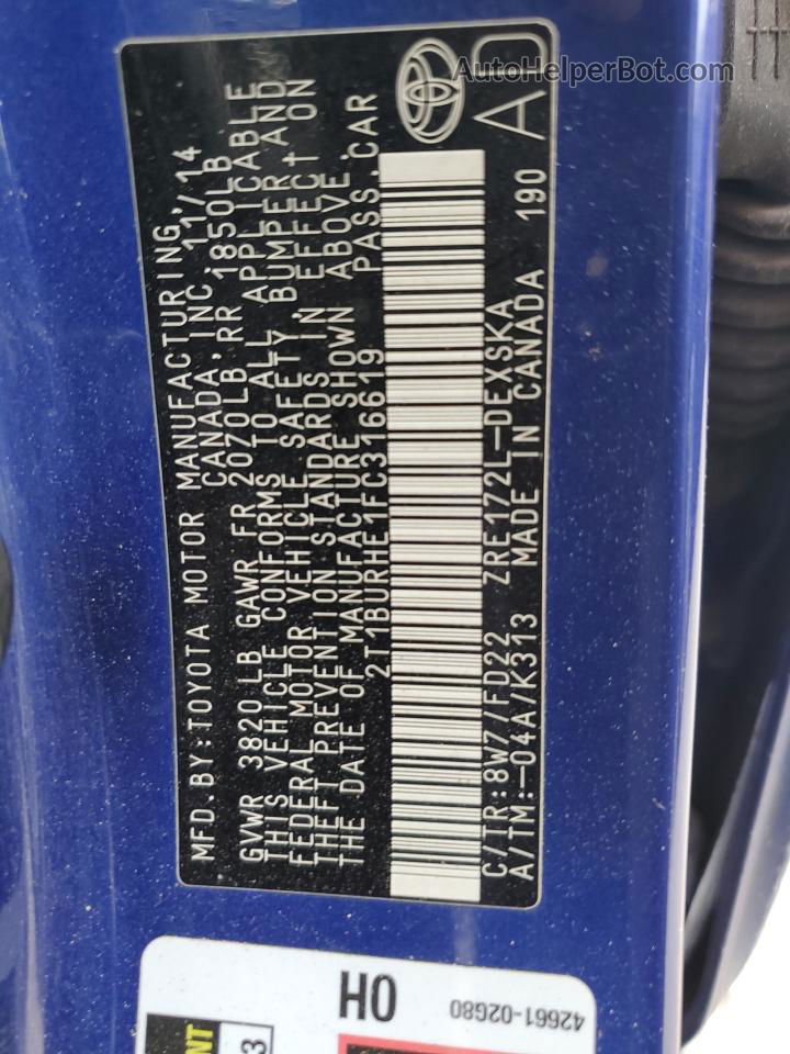 2015 Toyota Corolla L Blue vin: 2T1BURHE1FC316619