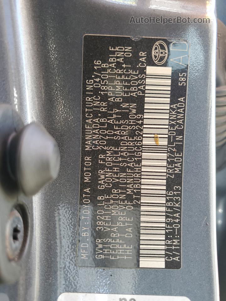 2016 Toyota Corolla L Gray vin: 2T1BURHE1GC662249