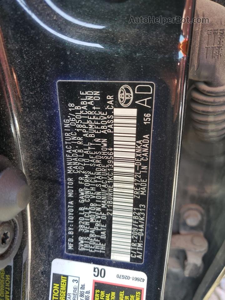 2019 Toyota Corolla L Black vin: 2T1BURHE1KC139564