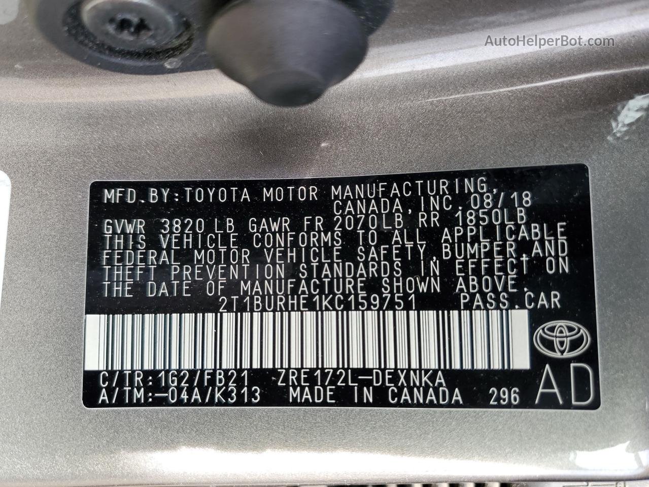 2019 Toyota Corolla L Серый vin: 2T1BURHE1KC159751
