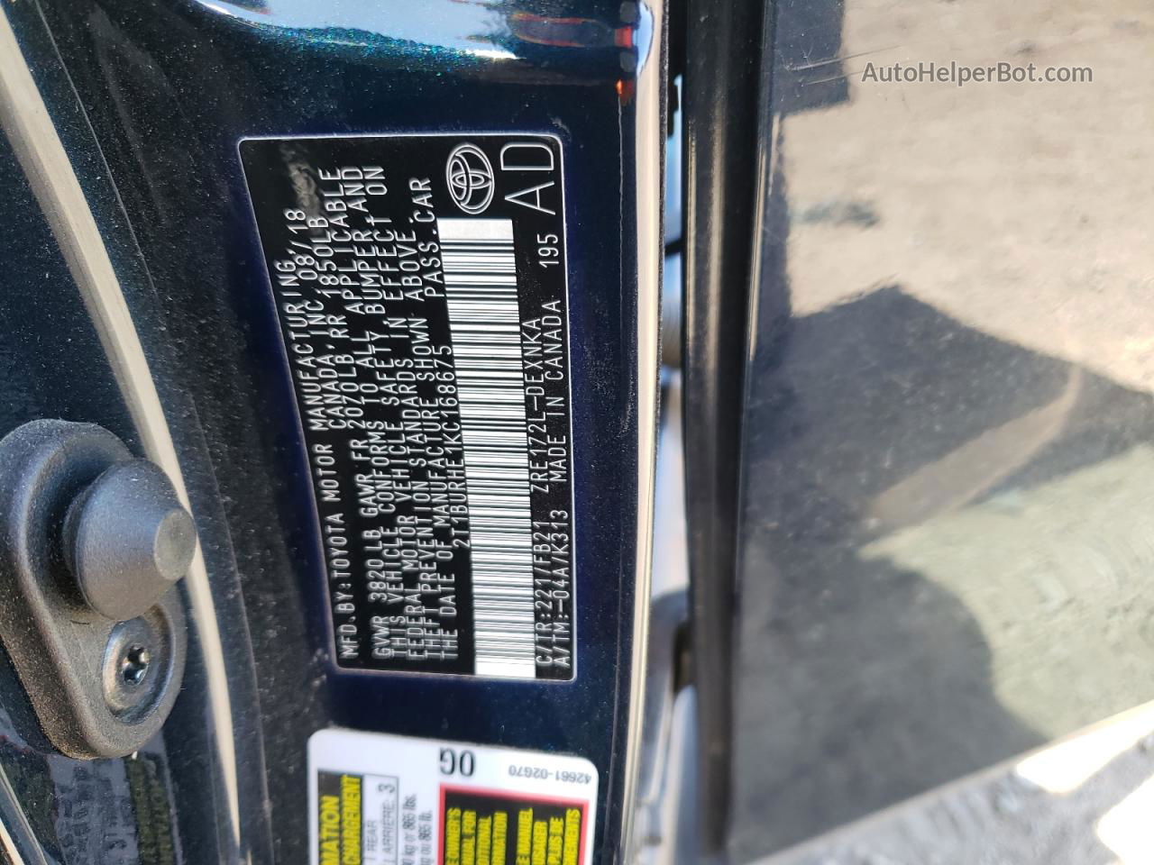 2019 Toyota Corolla L Синий vin: 2T1BURHE1KC168675