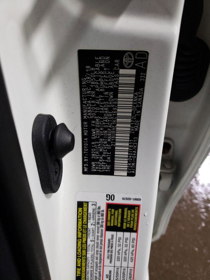 2019 Toyota Corolla L White vin: 2T1BURHE1KC169793