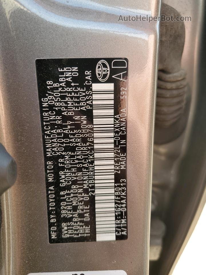 2019 Toyota Corolla L Gray vin: 2T1BURHE1KC176078