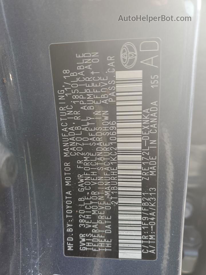2019 Toyota Corolla L Gray vin: 2T1BURHE1KC210696