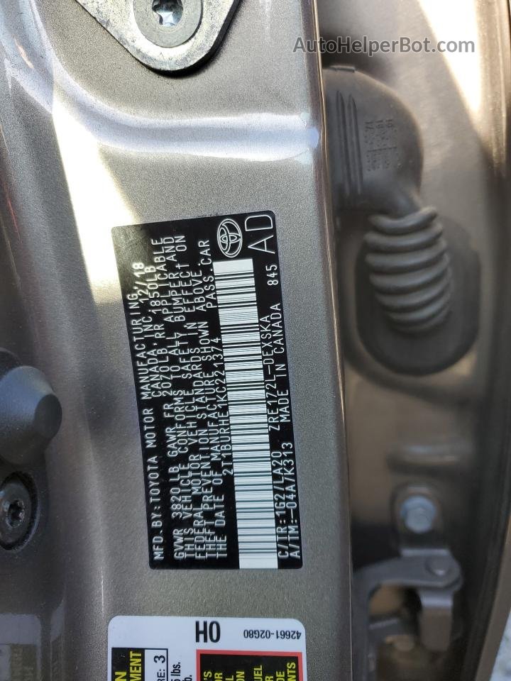 2019 Toyota Corolla L Charcoal vin: 2T1BURHE1KC221374