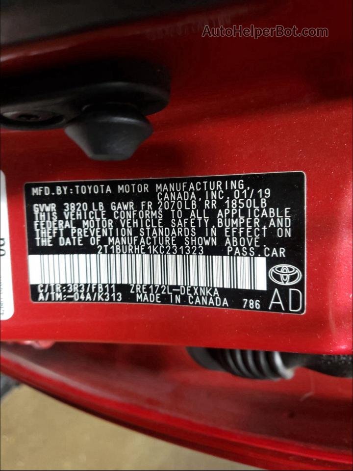 2019 Toyota Corolla L Red vin: 2T1BURHE1KC231323