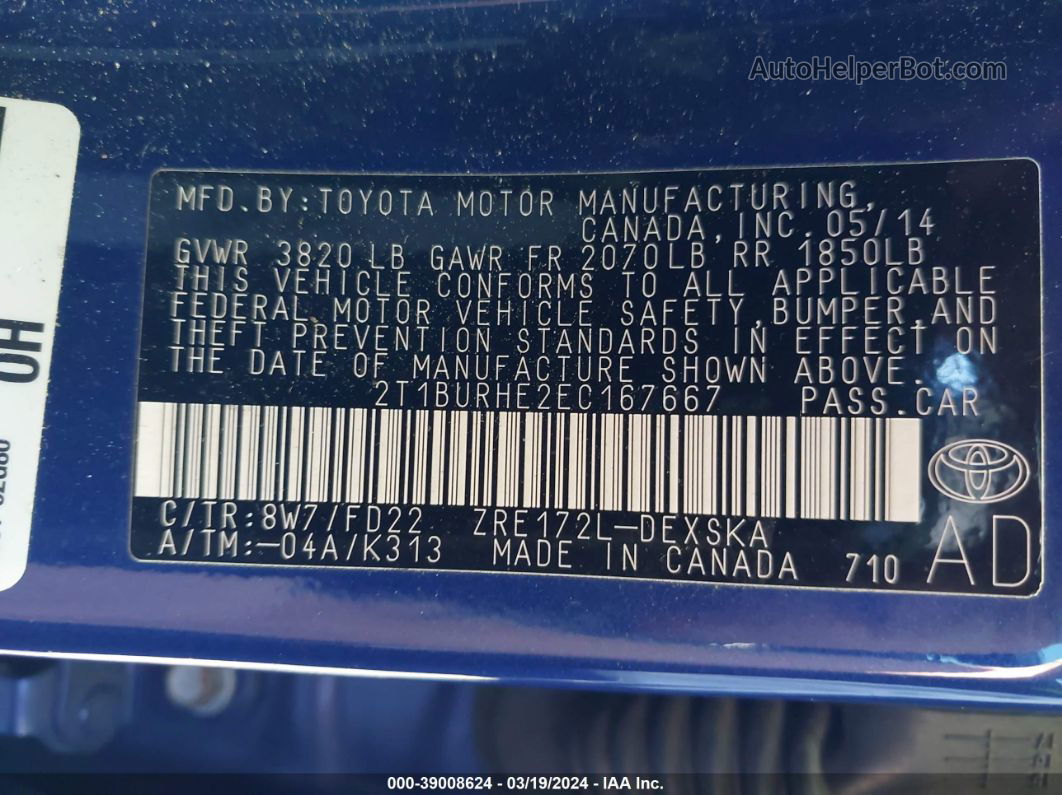 2014 Toyota Corolla S Plus Синий vin: 2T1BURHE2EC167667