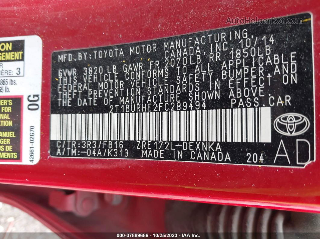 2015 Toyota Corolla L/le/s/s Plus/le Plus Красный vin: 2T1BURHE2FC289494
