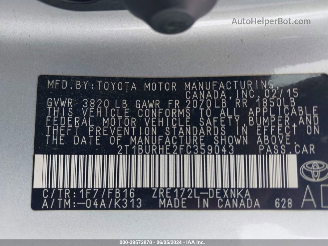 2015 Toyota Corolla Le Silver vin: 2T1BURHE2FC359043