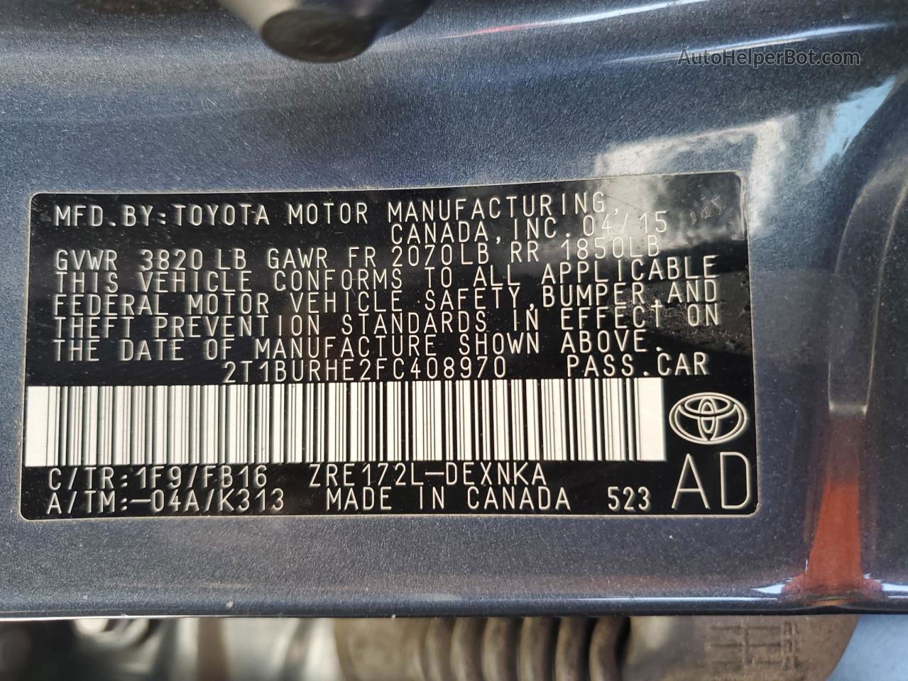 2015 Toyota Corolla L Charcoal vin: 2T1BURHE2FC408970