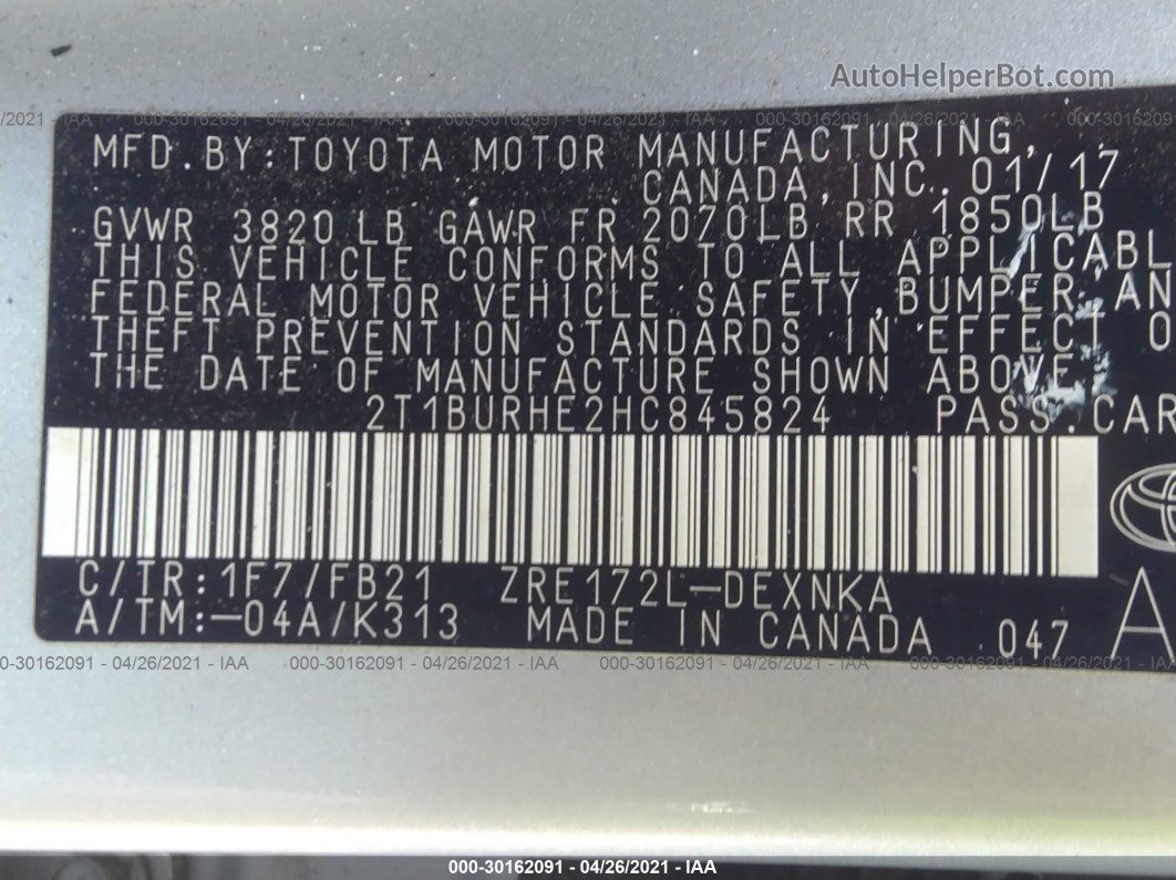 2017 Toyota Corolla Le Silver vin: 2T1BURHE2HC845824