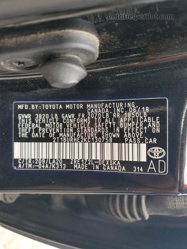 2019 Toyota Corolla L Black vin: 2T1BURHE2KC130758