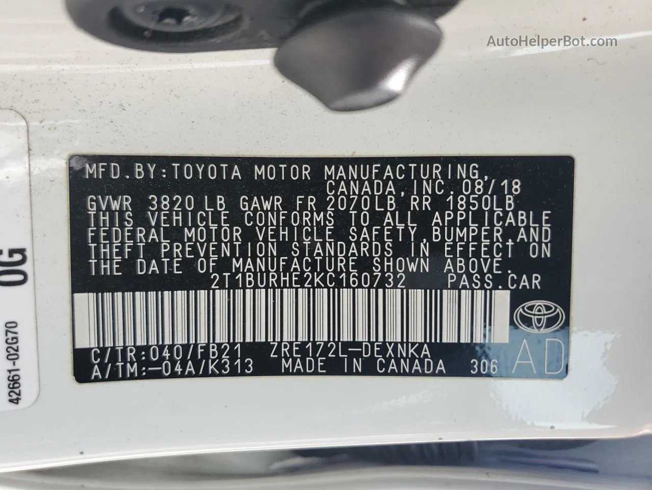 2019 Toyota Corolla L White vin: 2T1BURHE2KC160732