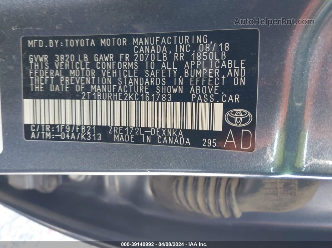 2019 Toyota Corolla Le Gray vin: 2T1BURHE2KC161783