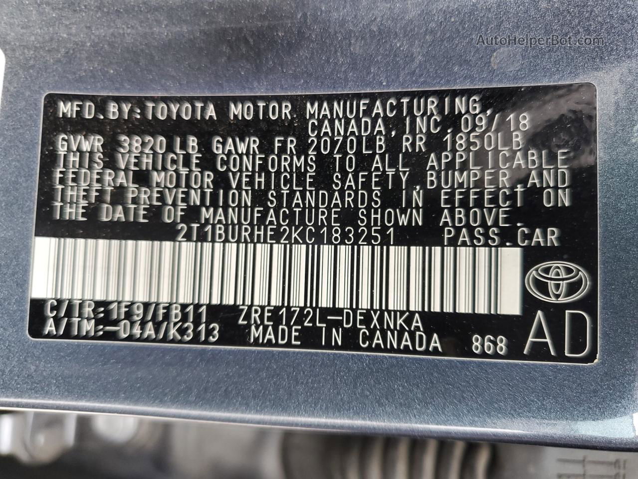 2019 Toyota Corolla L Gray vin: 2T1BURHE2KC183251