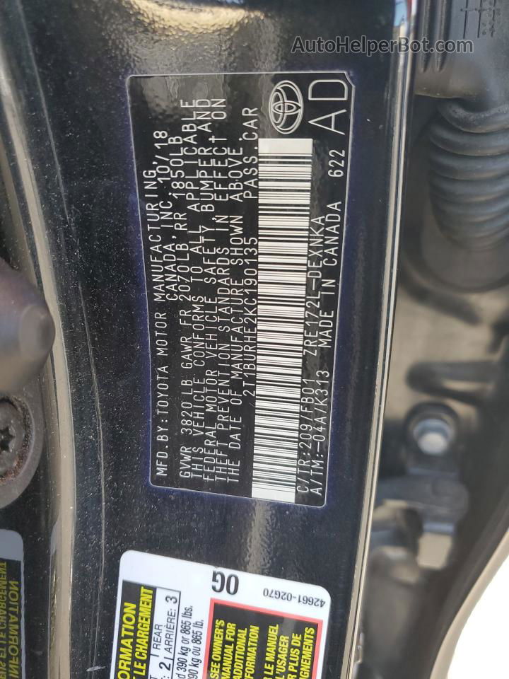 2019 Toyota Corolla L Black vin: 2T1BURHE2KC190135