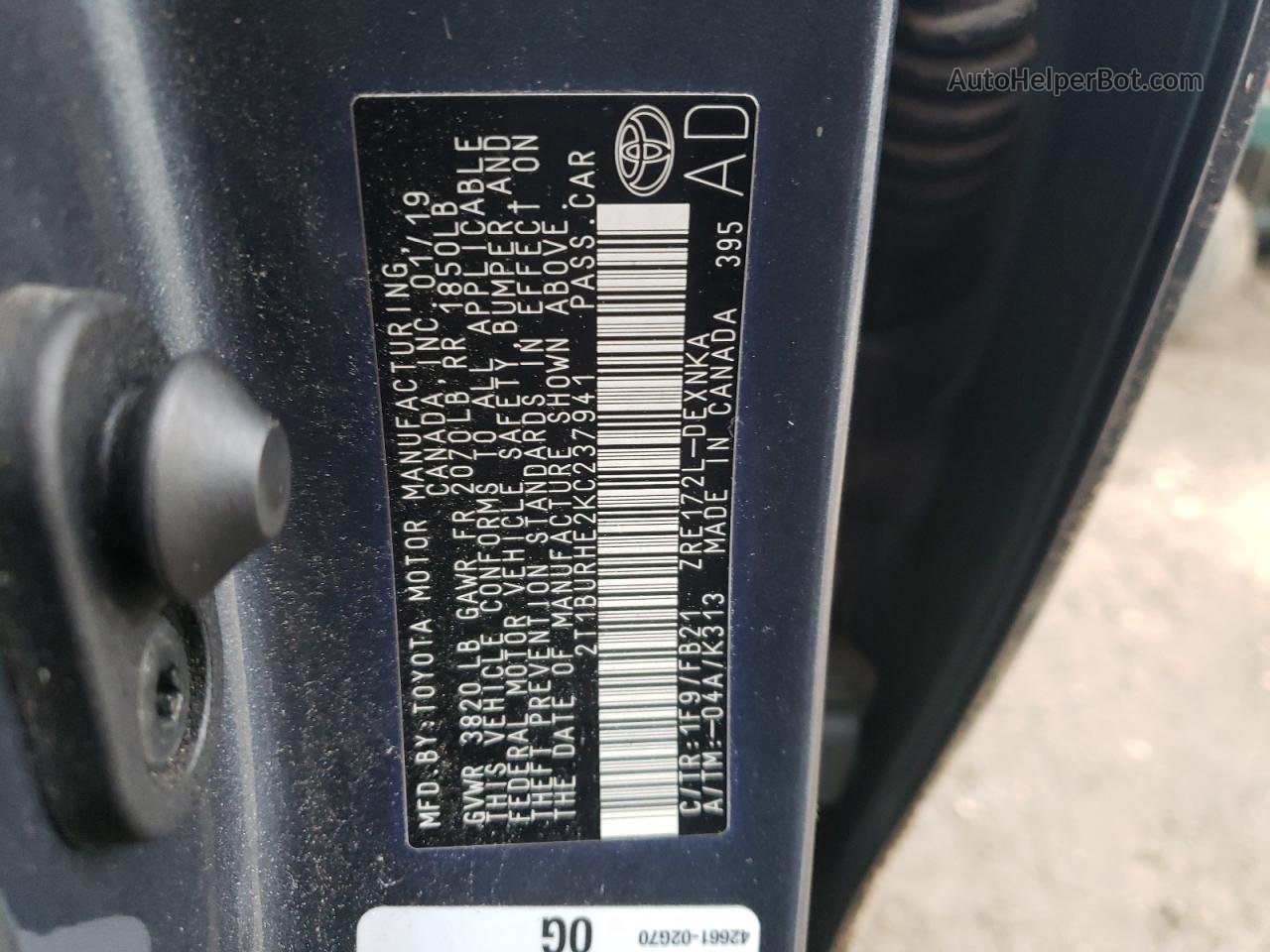 2019 Toyota Corolla L Синий vin: 2T1BURHE2KC237941
